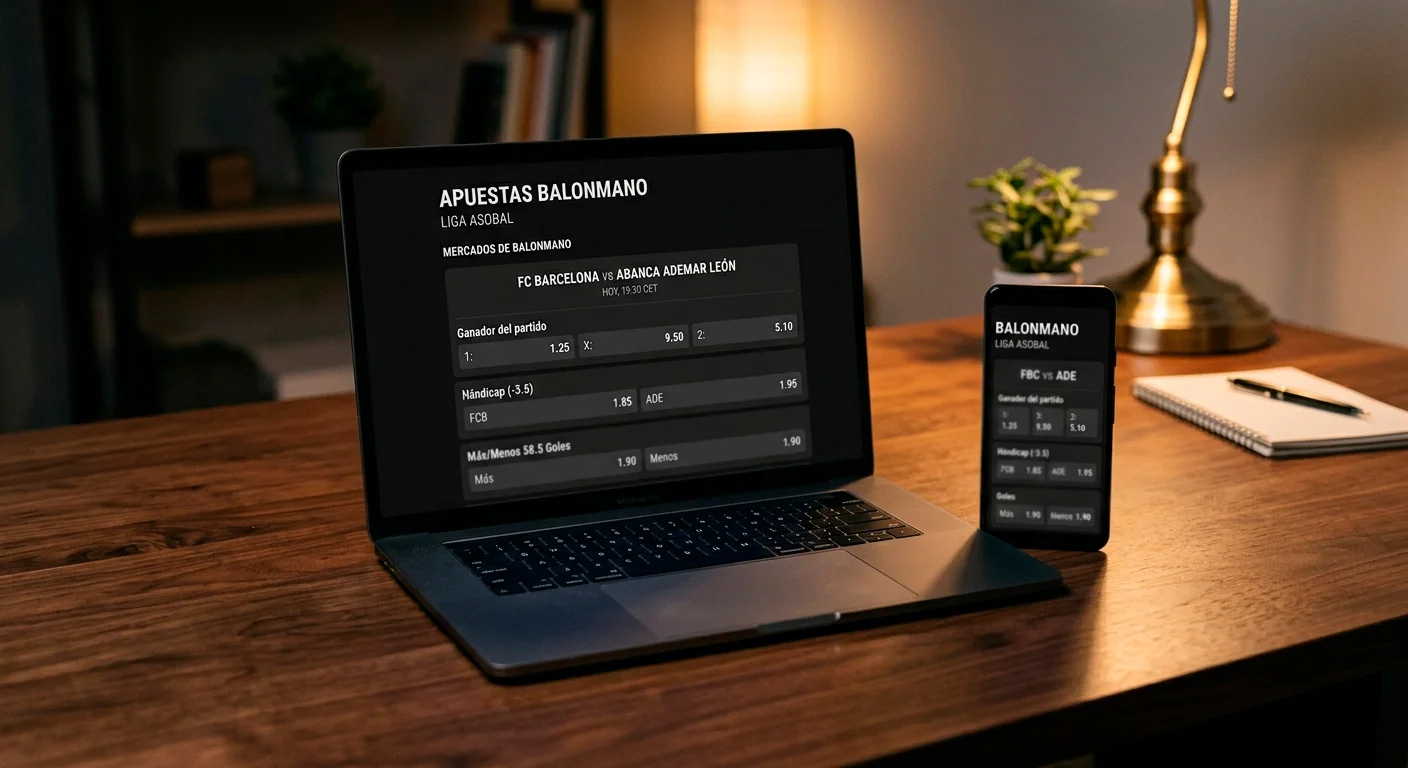 Pantalla de operador mostrando mercados de apuestas de balonmano con cuotas